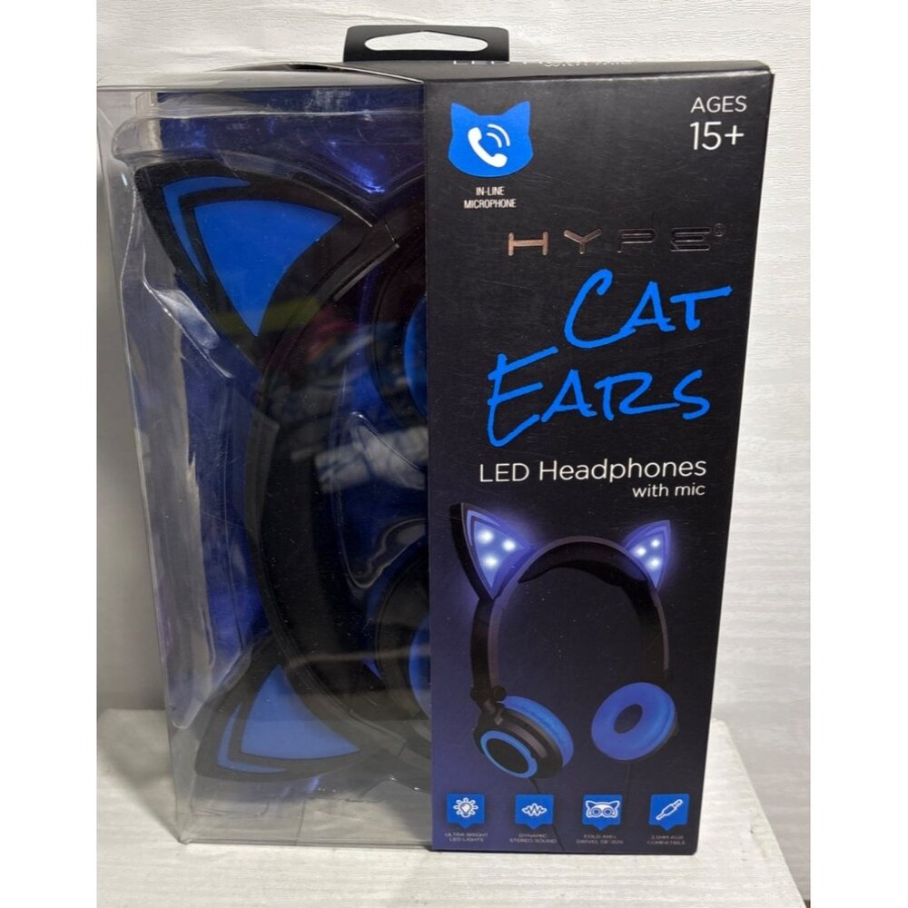 Hype Cat Ears LED Headphones With Mic InLine Microphone Adjustable Foldable Blue